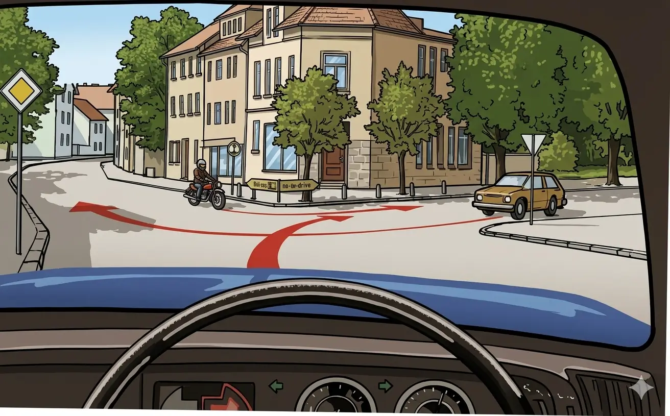 Driver's view at a junction with a priority road sign, a motorcycle ahead and a yellow car on the right